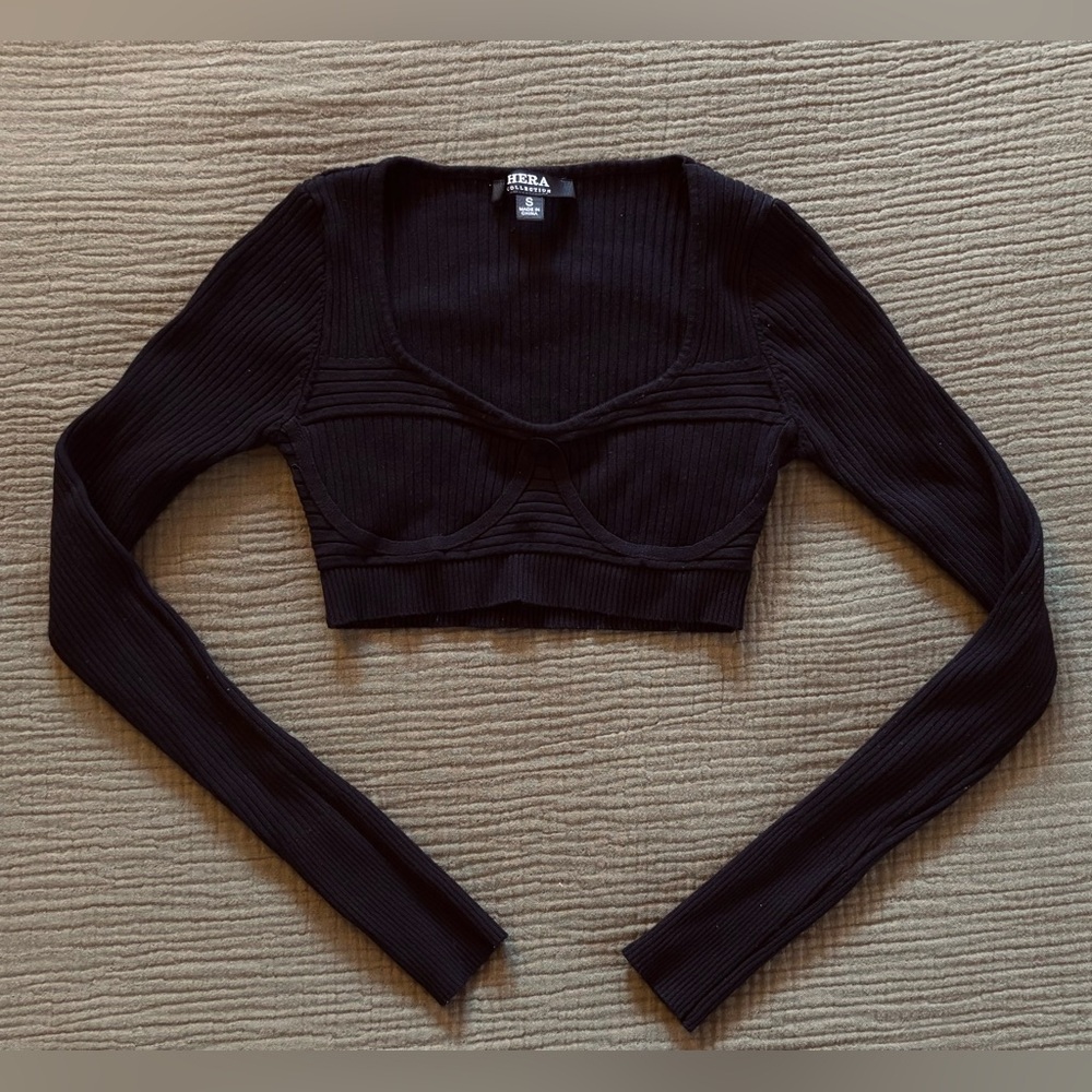 Hera Collection - Structured Black Ribbed Long Sleeve Crop Top